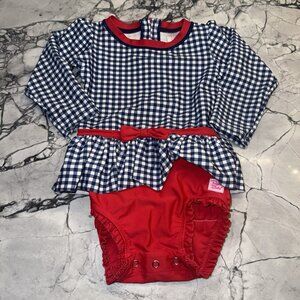 RuffleButts 18/24 Months Baby Girls Gingham Red White Blue Swimsuit Long Sleeve